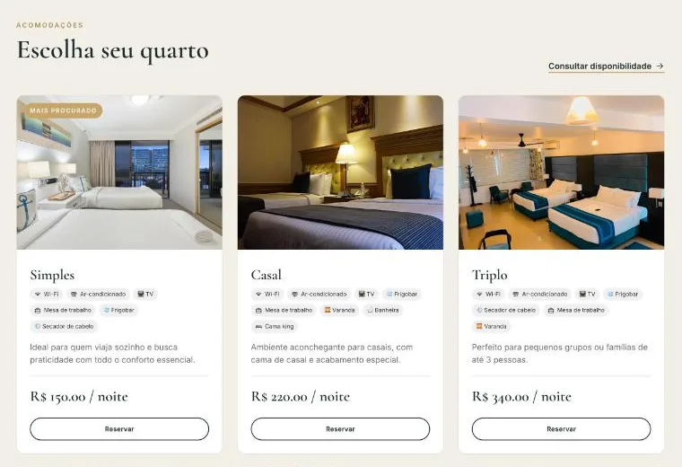 Lista de quartos com fotos, comodidades e preço por noite no site do hotel